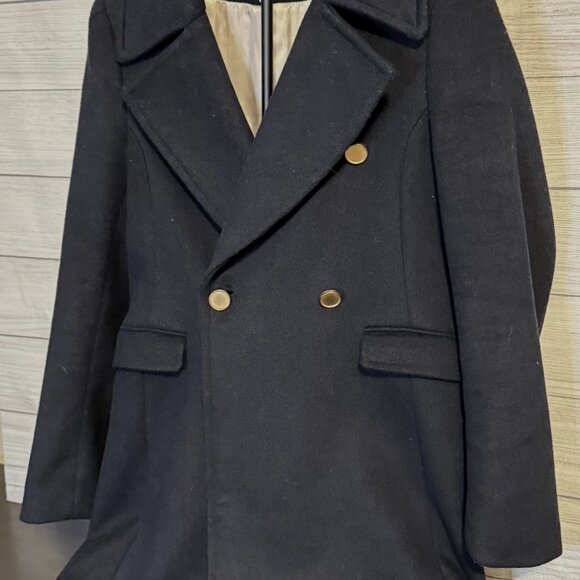 Share H&M Women’s Black Trench Coat Size 6 Wool Blend Long Button Front - Picture 4 of 7